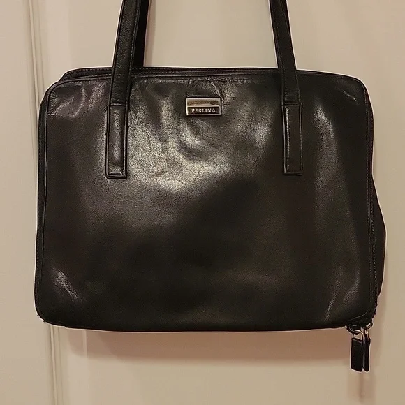Great Condition Perlina Vintage Black Leather Laptop Bag/Briefcase Tote - Picture 2 of 13